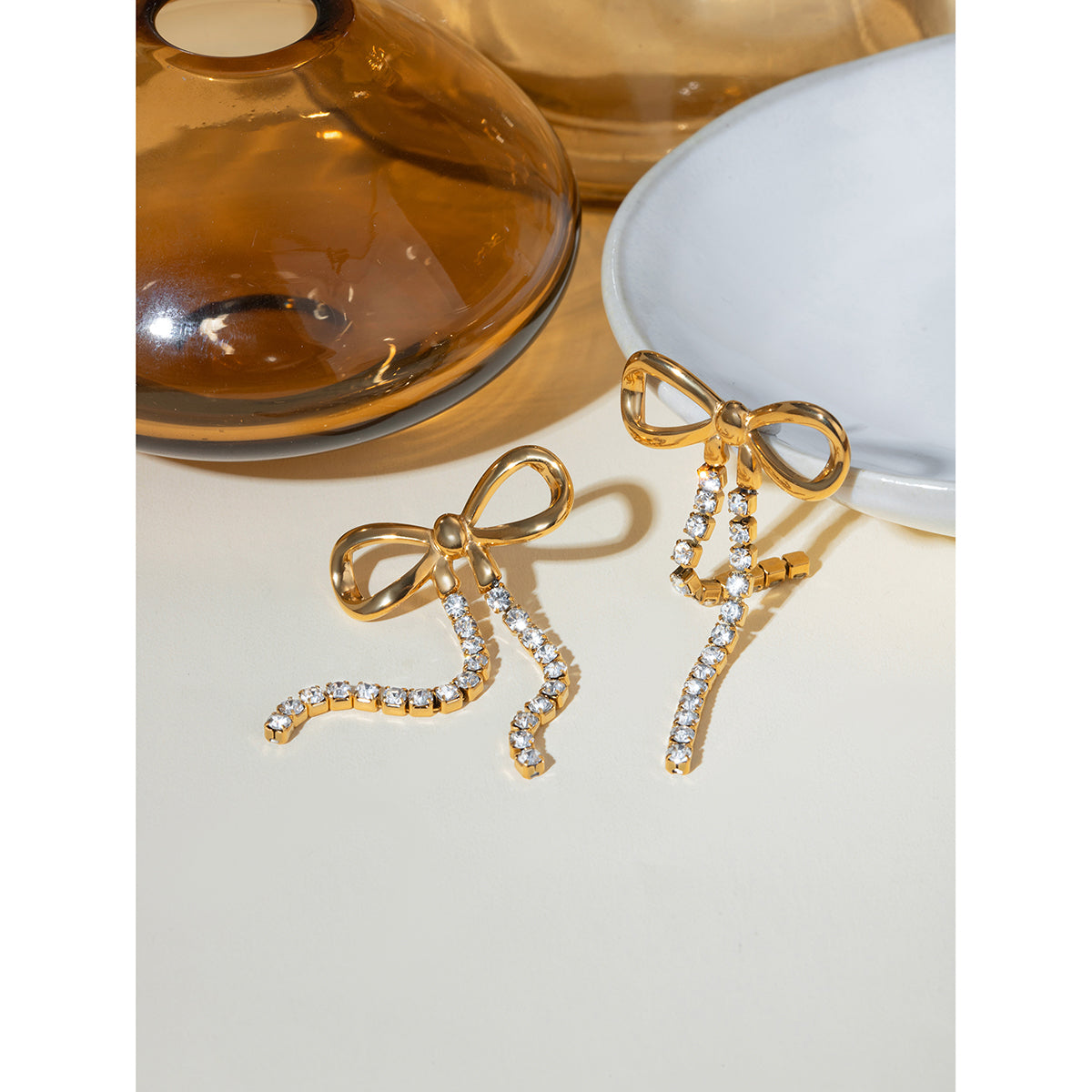 Bow Zircon Dangler Premium Earrings - 18K Gold Plated
