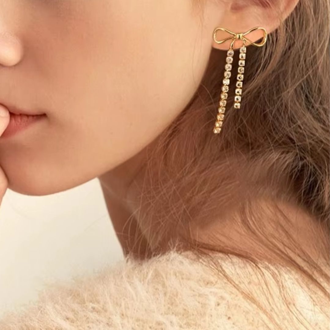 Bow Zircon Dangler Premium Earrings - 18K Gold Plated
