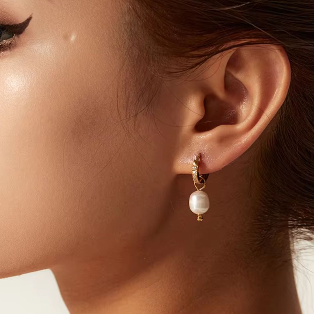Small Pearl Zircon Hoop Premium Earrings - 18K Gold Plated