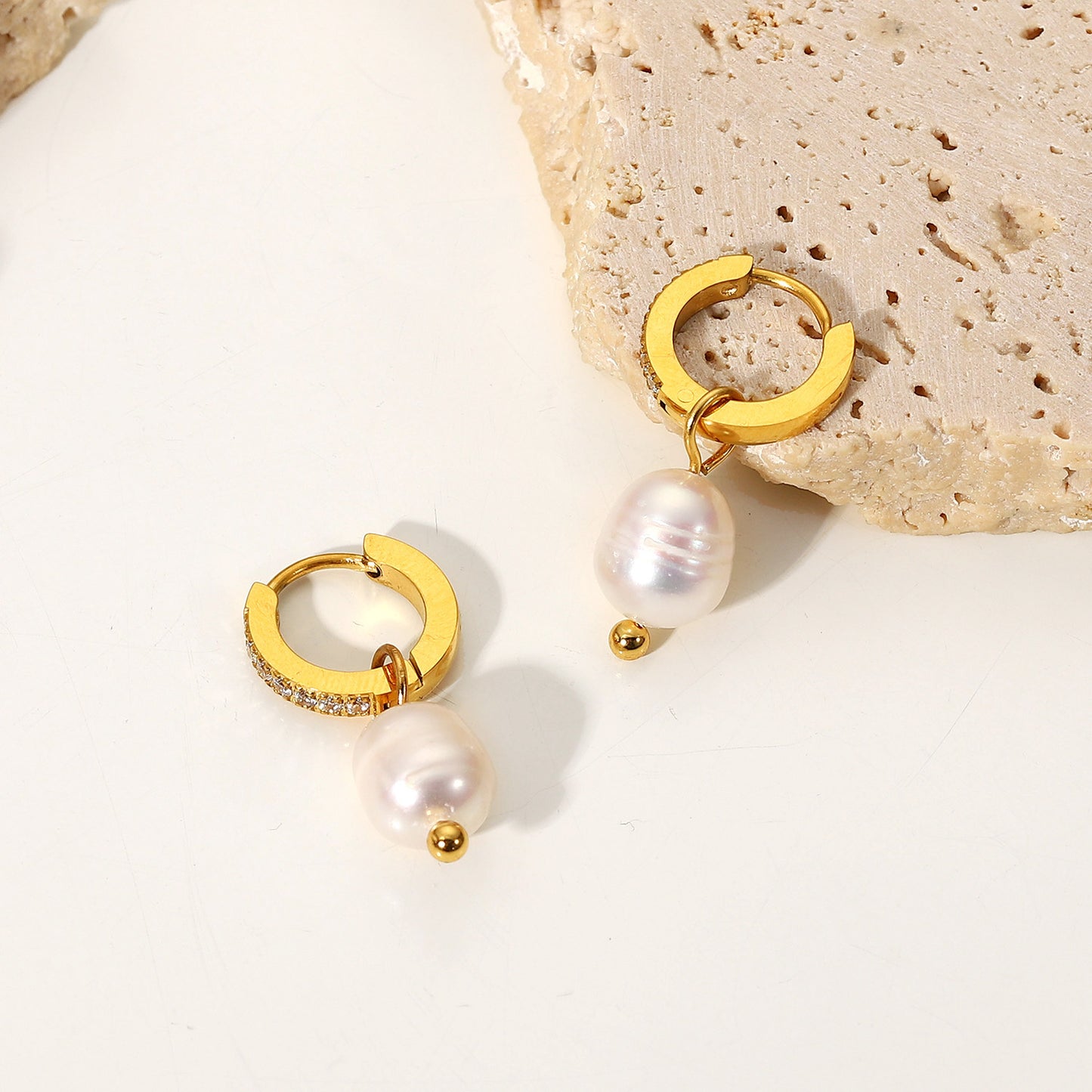 Small Pearl Zircon Hoop Premium Earrings - 18K Gold Plated