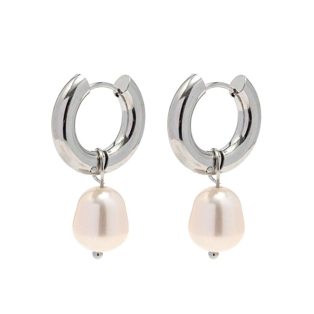 Pearl Hoop Premium Earrings - Silver