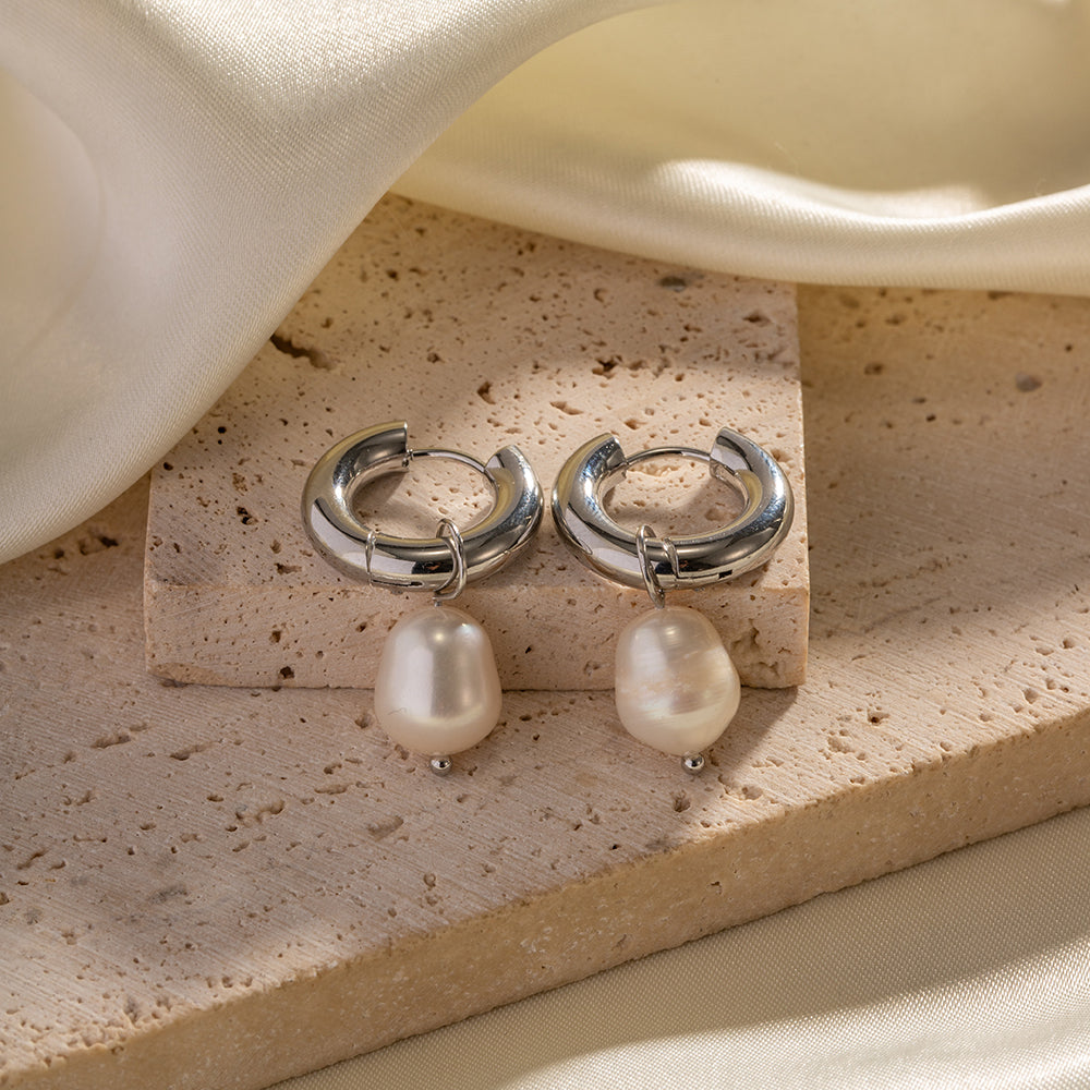 Pearl Hoop Premium Earrings - Silver