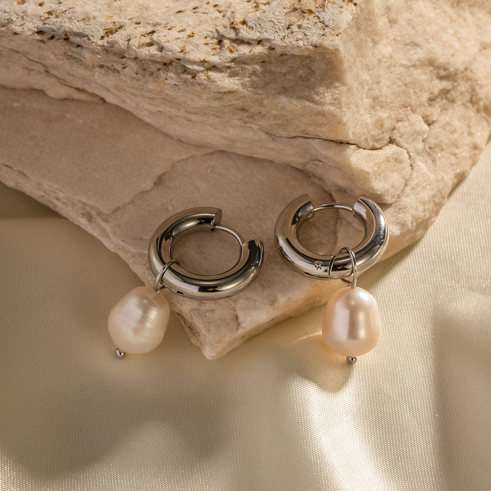 Pearl Hoop Premium Earrings - Silver