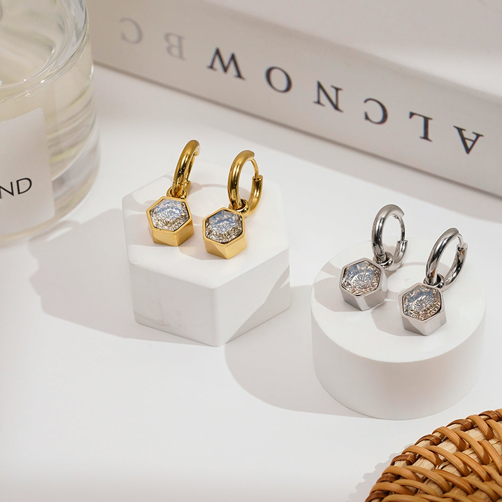 Hex Drop Hoop Designer Premium Earrings - 18K Gold Plated