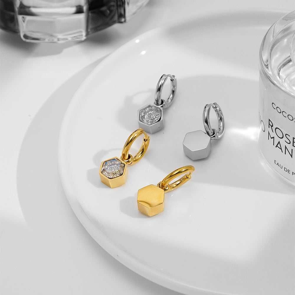 Hex Drop Hoop Designer Premium Earrings - 18K Gold Plated