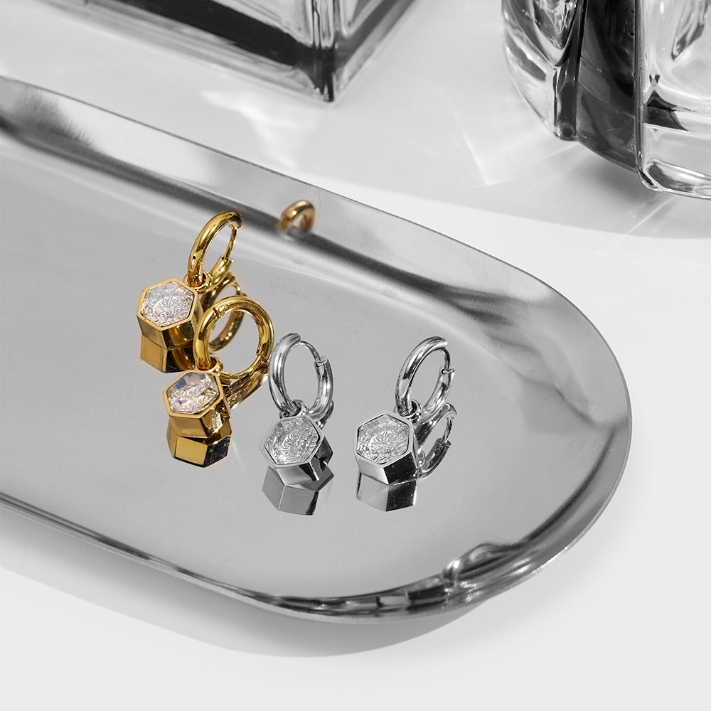 Hex Drop Hoop Designer Premium Earrings - 18K Gold Plated