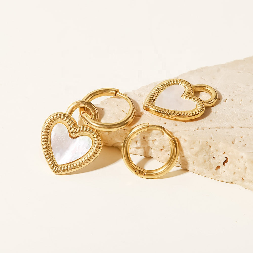 Mother of Pearl Heart Hoops Premium Earrings - 18K Gold Plated