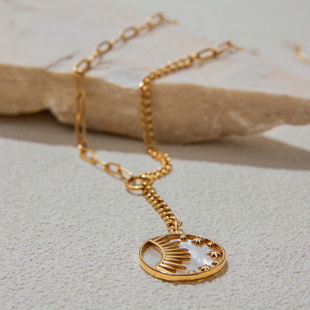 Mother of Pearl Sun, Moon & Stars Premium Necklace - 18K Gold Plated