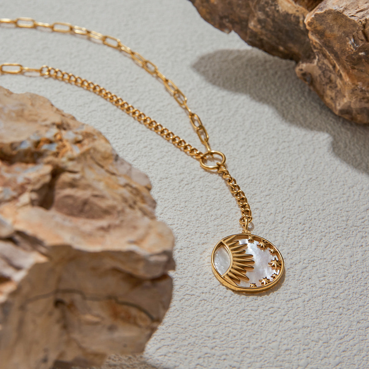 Mother of Pearl Sun, Moon & Stars Premium Necklace - 18K Gold Plated