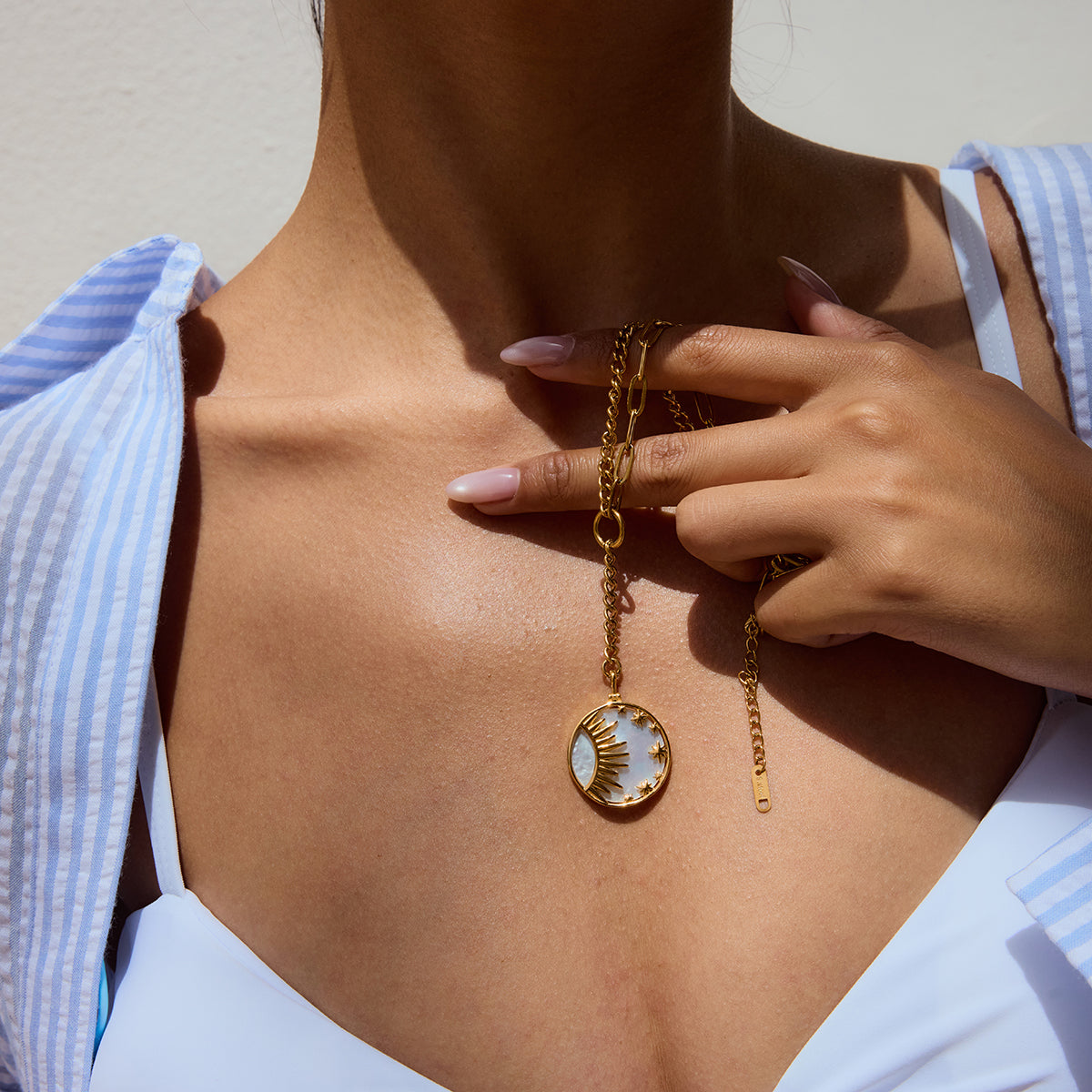 Mother of Pearl Sun, Moon & Stars Premium Necklace - 18K Gold Plated