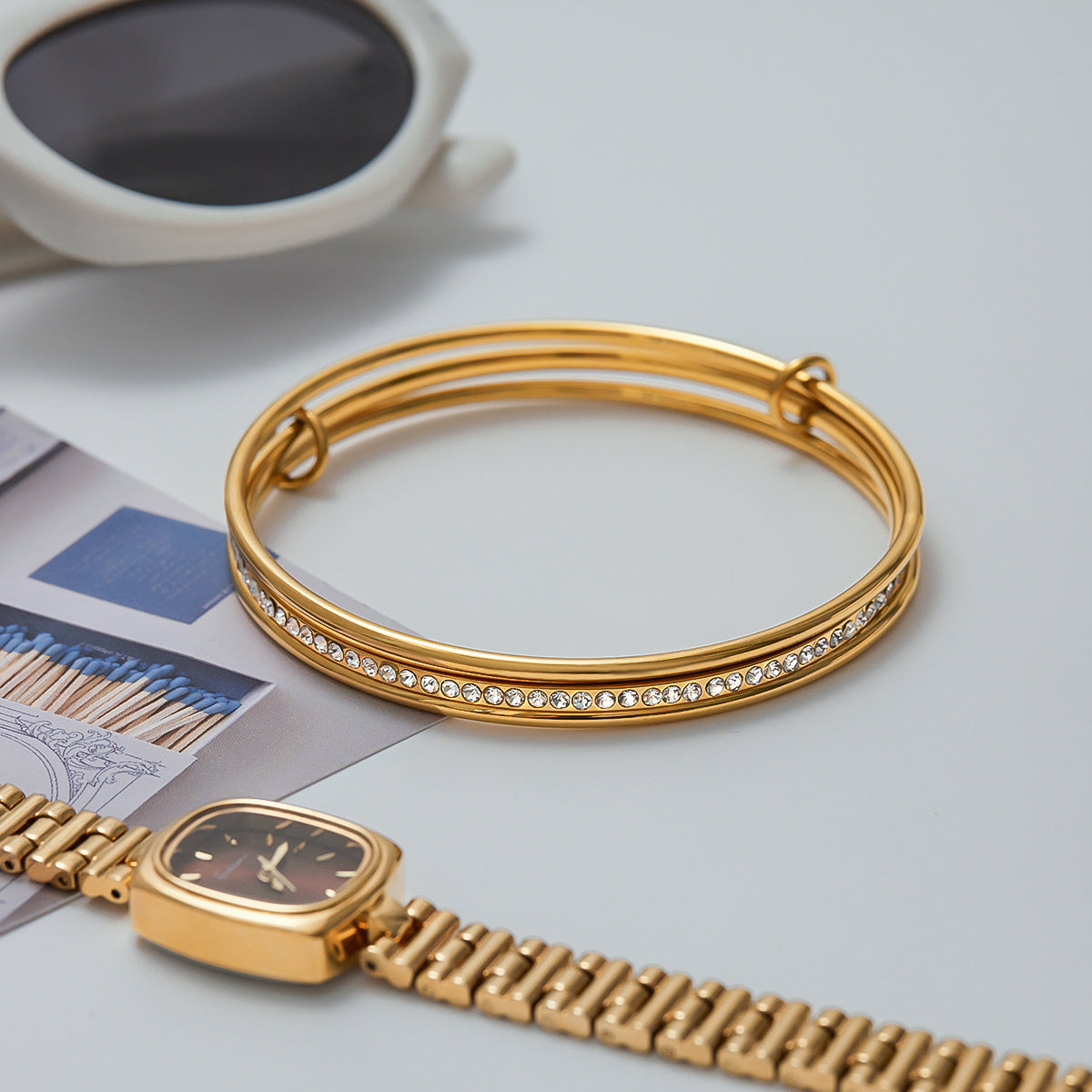Interlinked Zircon Premium Bangle Bracelet - 18K Gold Plated