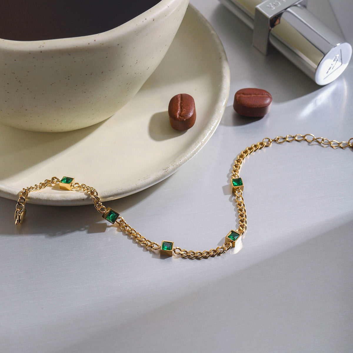 Square Green / Clear Zircon Premium Bracelet - 18K Gold Plated