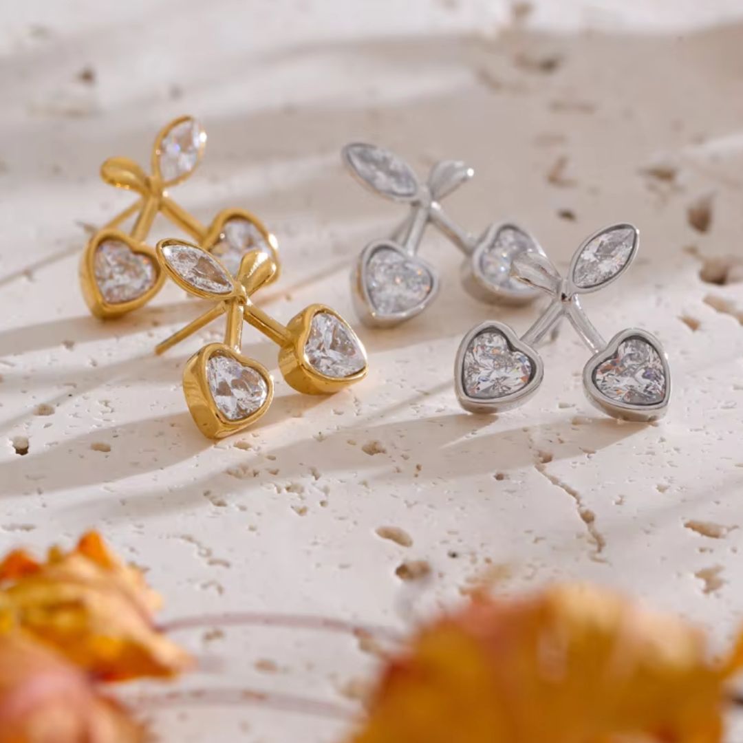 Cherry Heart Stud Premium Earrings - 18K Gold Plated