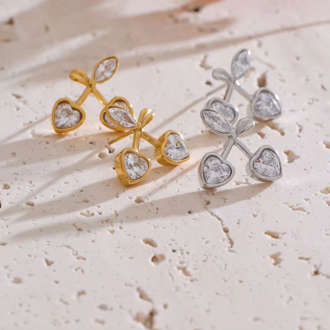 Cherry Heart Stud Premium Earrings - 18K Gold Plated