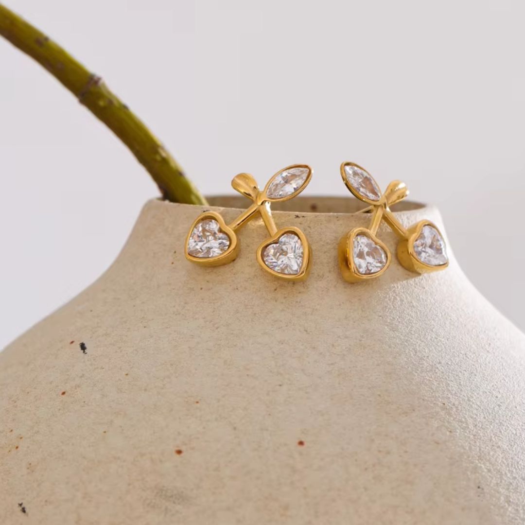 Cherry Heart Stud Premium Earrings - 18K Gold Plated