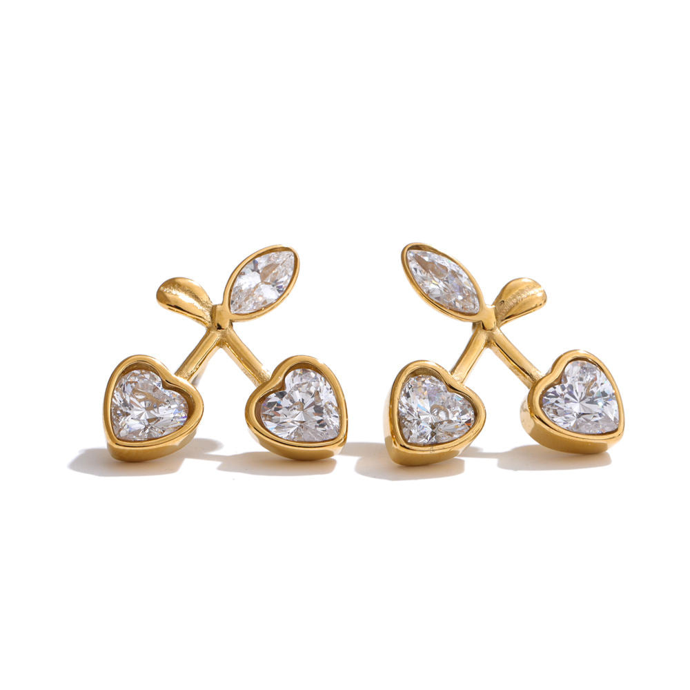 Cherry Heart Stud Premium Earrings - 18K Gold Plated