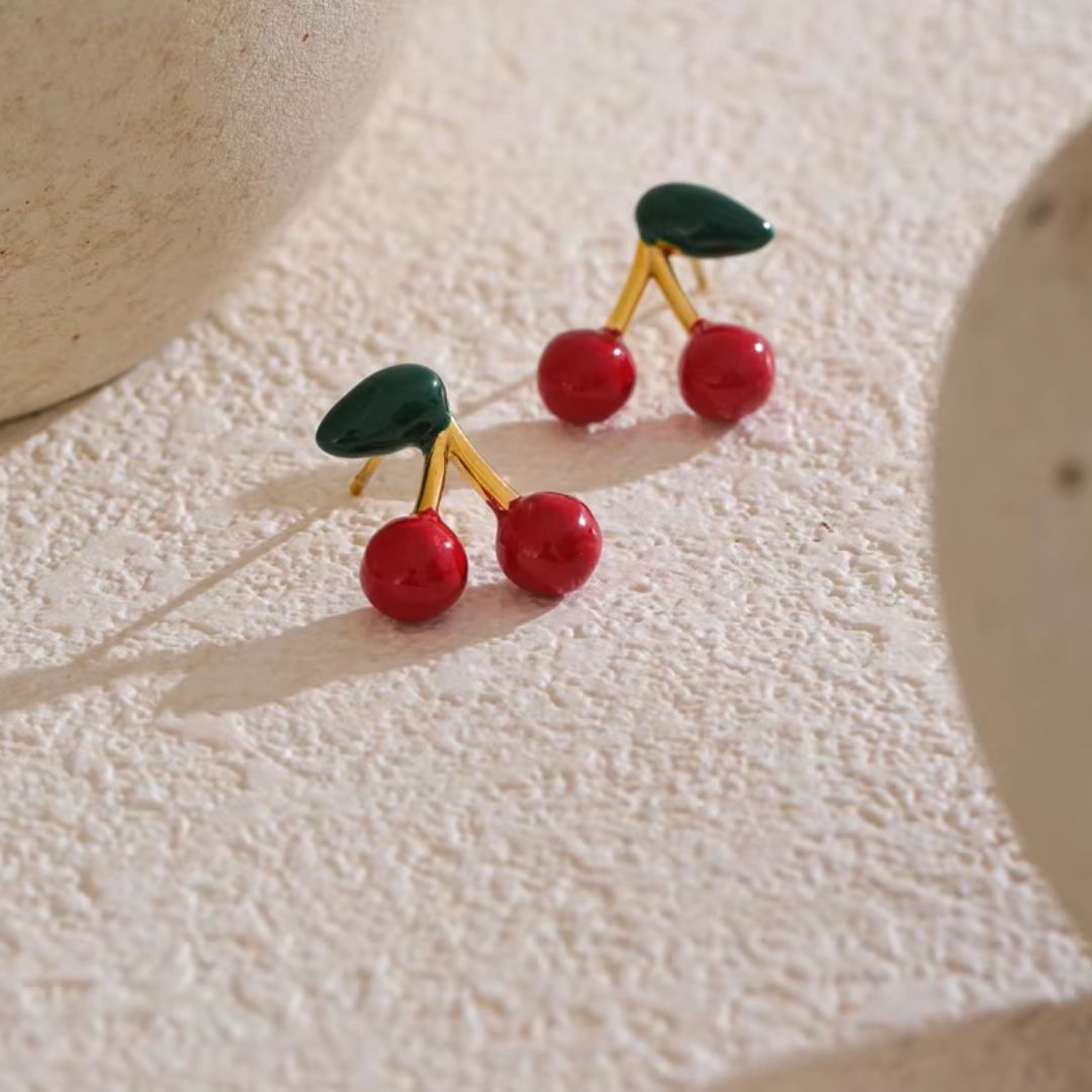 Cherry Colour Stud Premium Earrings - 18K Gold Plated