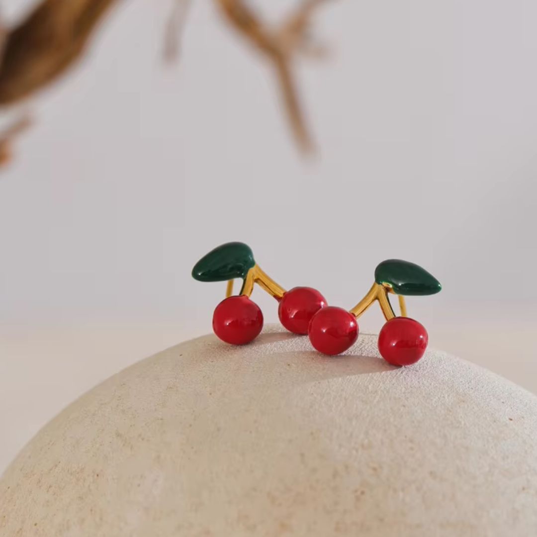 Cherry Colour Stud Premium Earrings - 18K Gold Plated