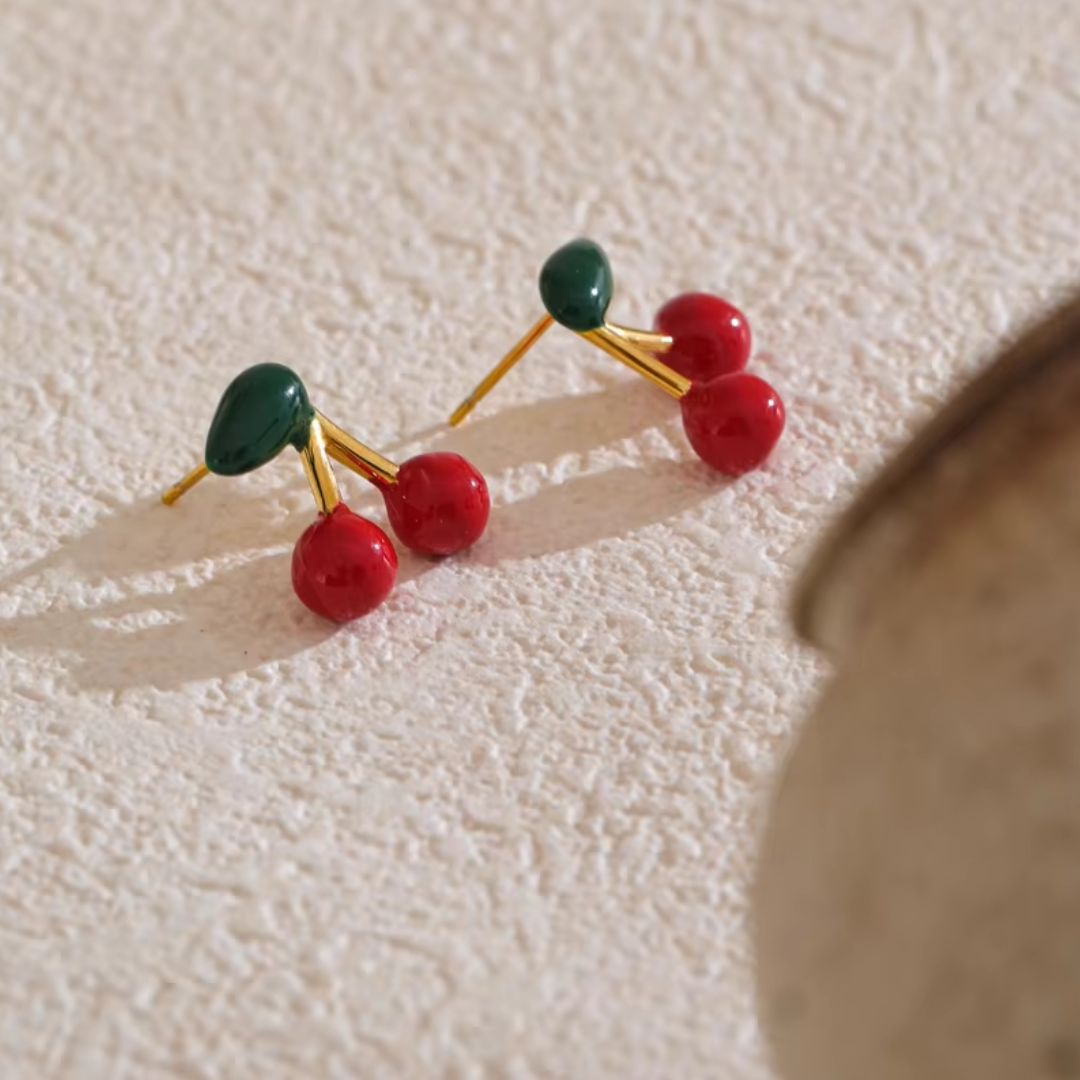 Cherry Colour Stud Premium Earrings - 18K Gold Plated