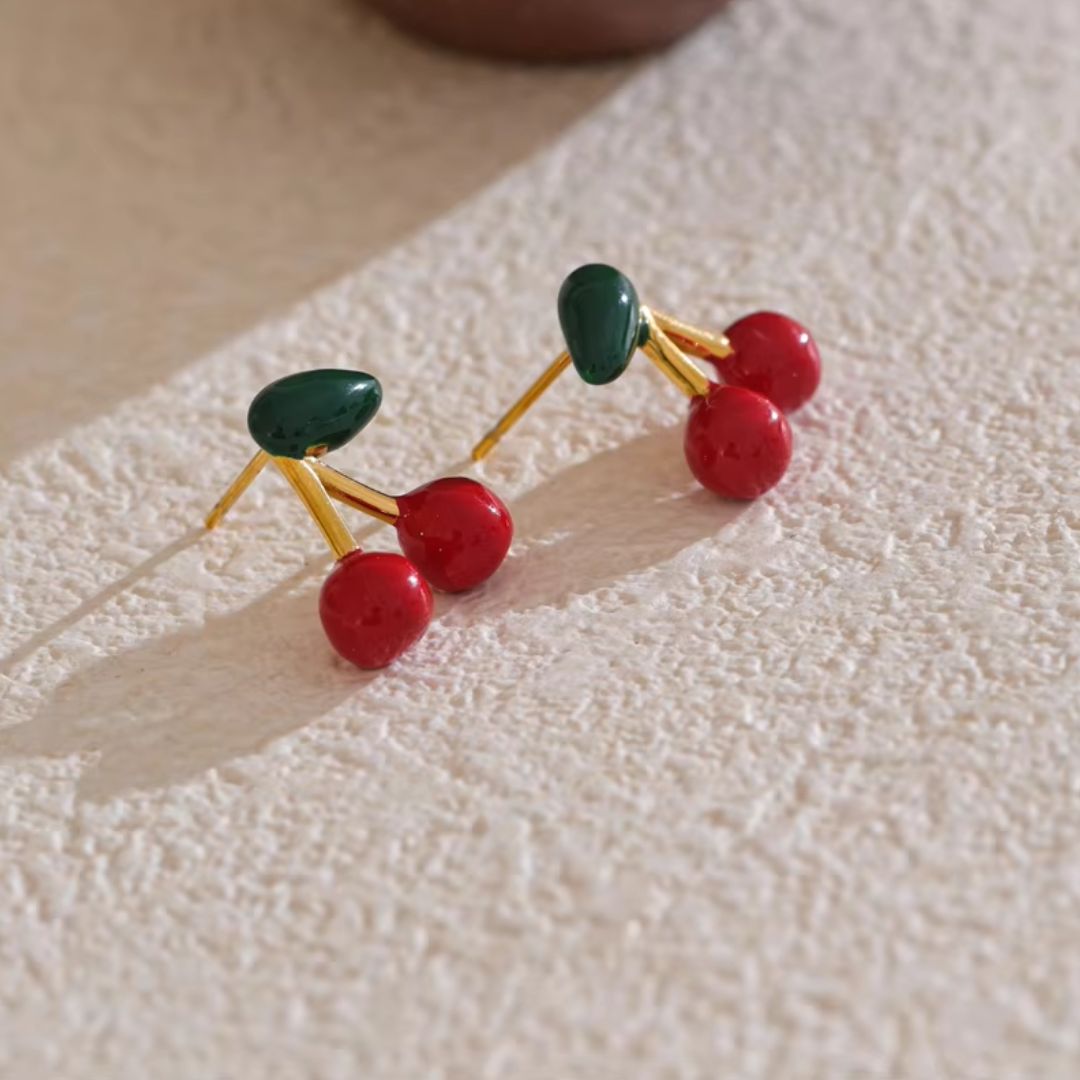 Cherry Colour Stud Premium Earrings - 18K Gold Plated