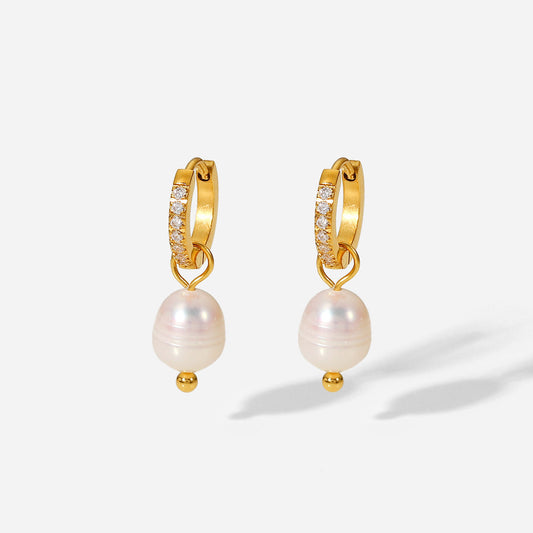 Small Pearl Zircon Hoop Premium Earrings - 18K Gold Plated