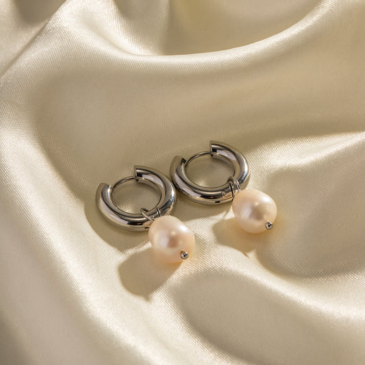 Pearl Hoop Premium Earrings - Silver