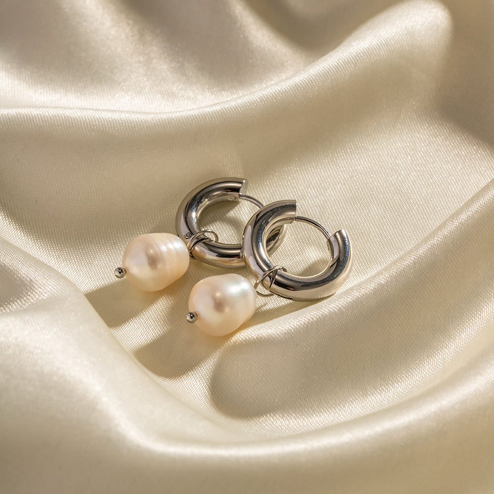 Pearl Hoop Premium Earrings - Silver