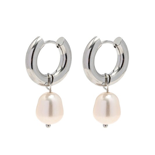 Pearl Hoop Premium Earrings - Silver