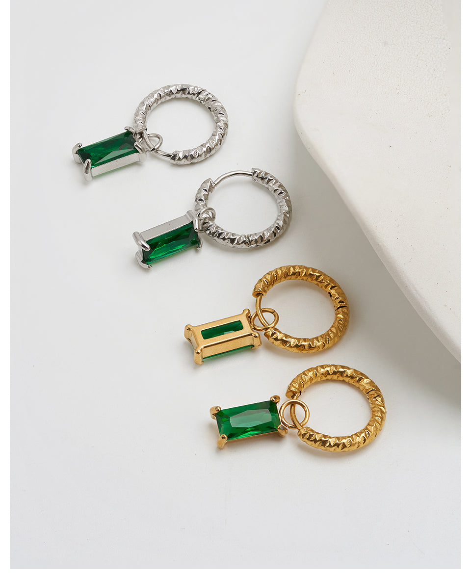 Emerald Drop Huggies Designer Premium Earrings - 18K Gold Plated