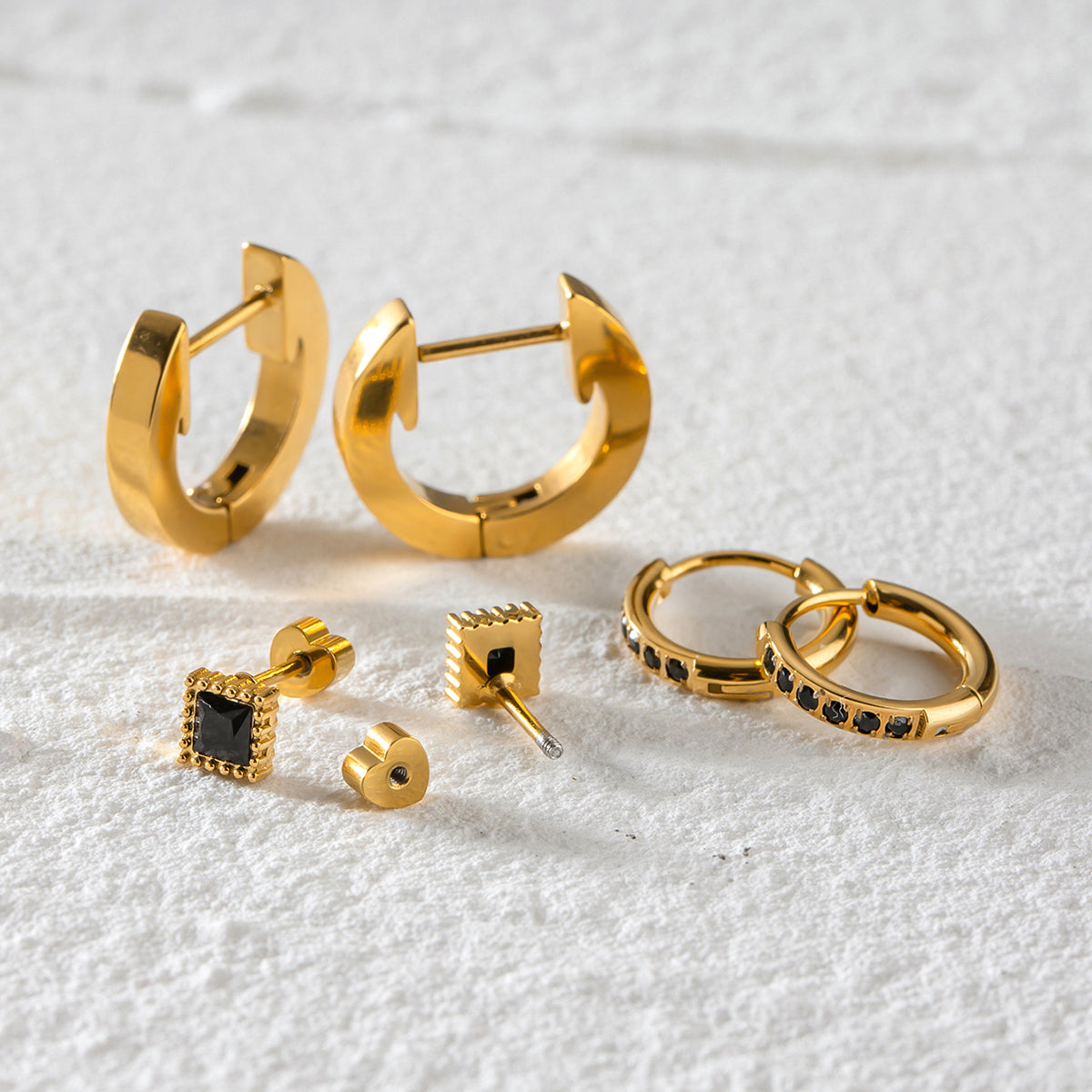 Black Classic Hoops Set Premium Earrings - 18K Gold Plated