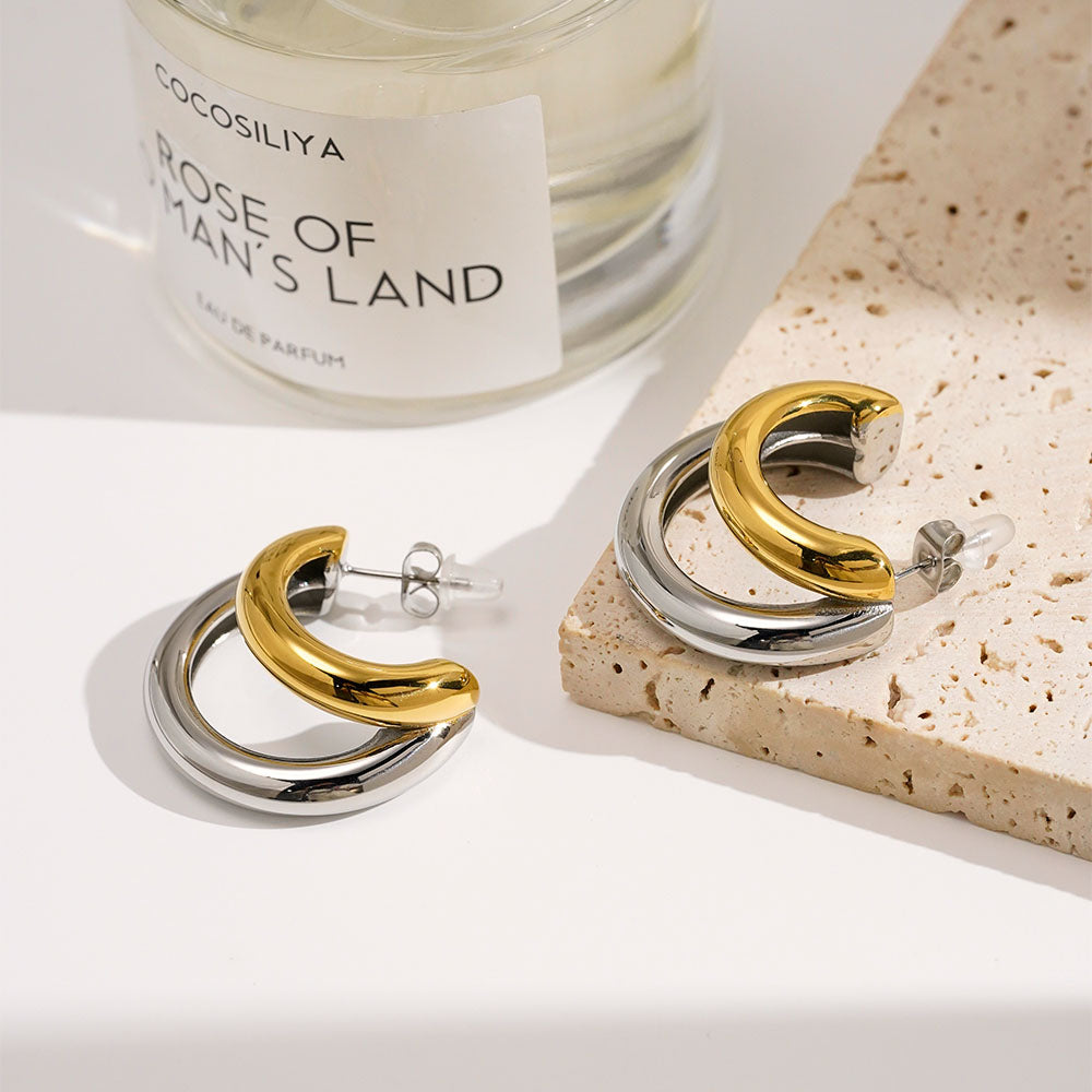 Two Tone Half Hoop Designer Premium Earrings - 18K Gold Plated