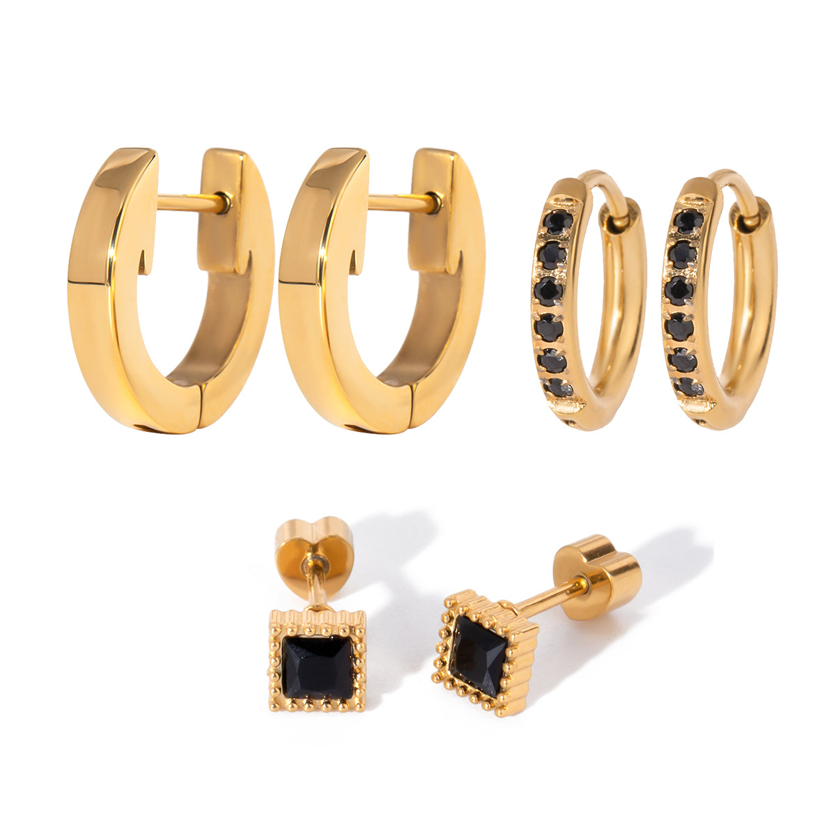 Black Classic Hoops Set Premium Earrings - 18K Gold Plated
