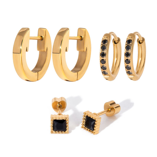 Black Classic Hoops Set Premium Earrings - 18K Gold Plated
