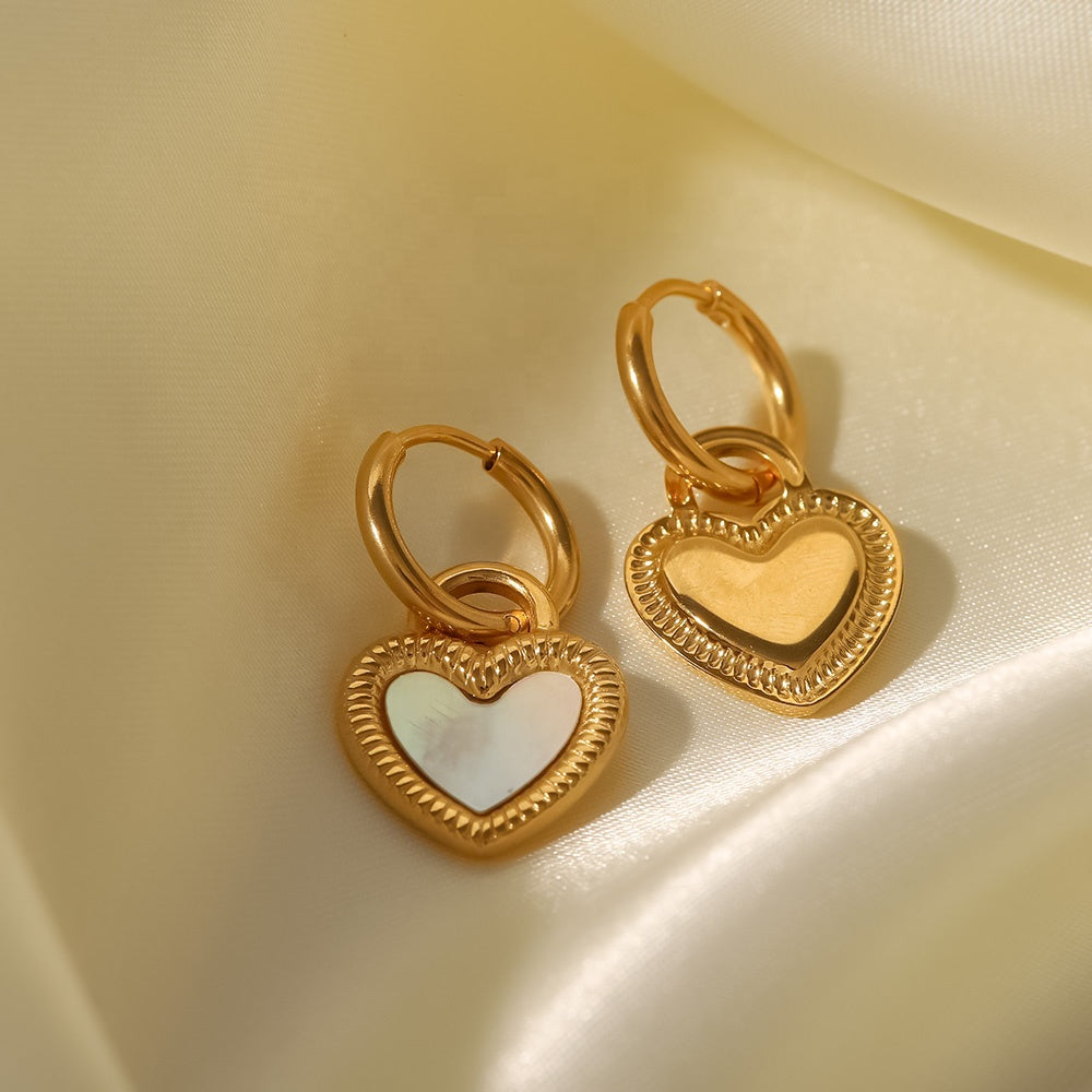 Mother of Pearl Heart Hoops Premium Earrings - 18K Gold Plated