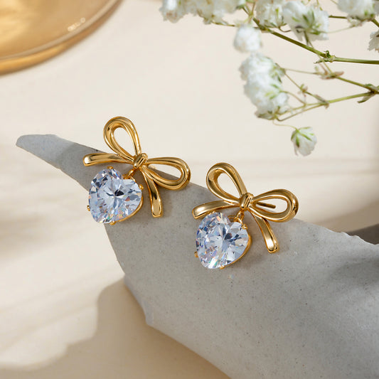 Bow Heart Premium Earrings - 18K Gold Plated