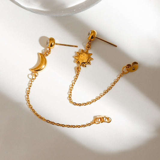 Sun & Moon Chain Premium Earrings - 18K Gold Plated
