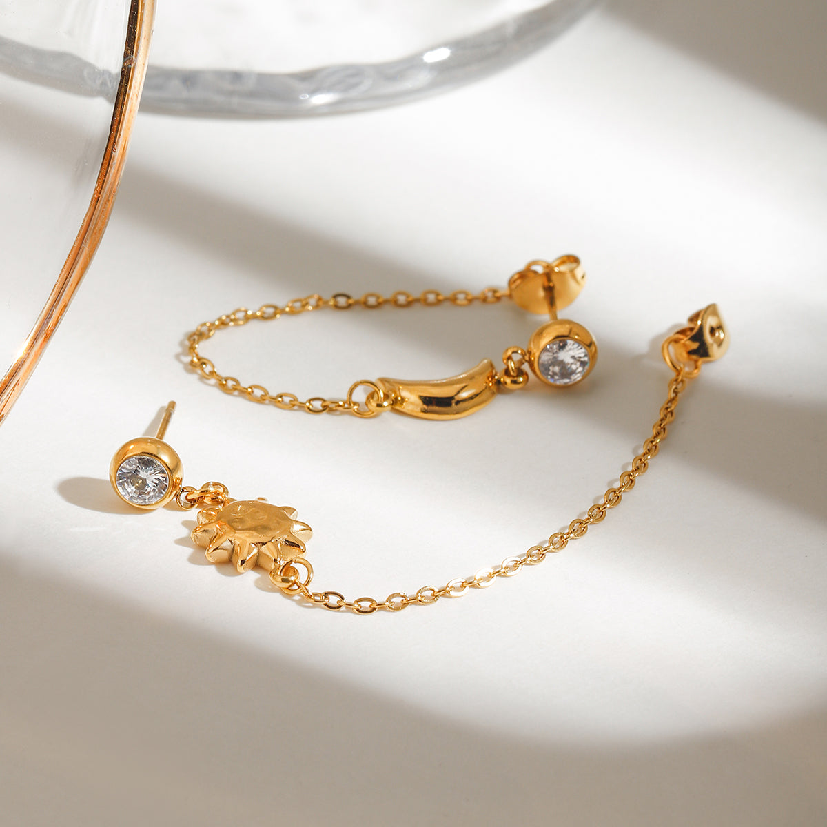 Sun & Moon Chain Premium Earrings - 18K Gold Plated