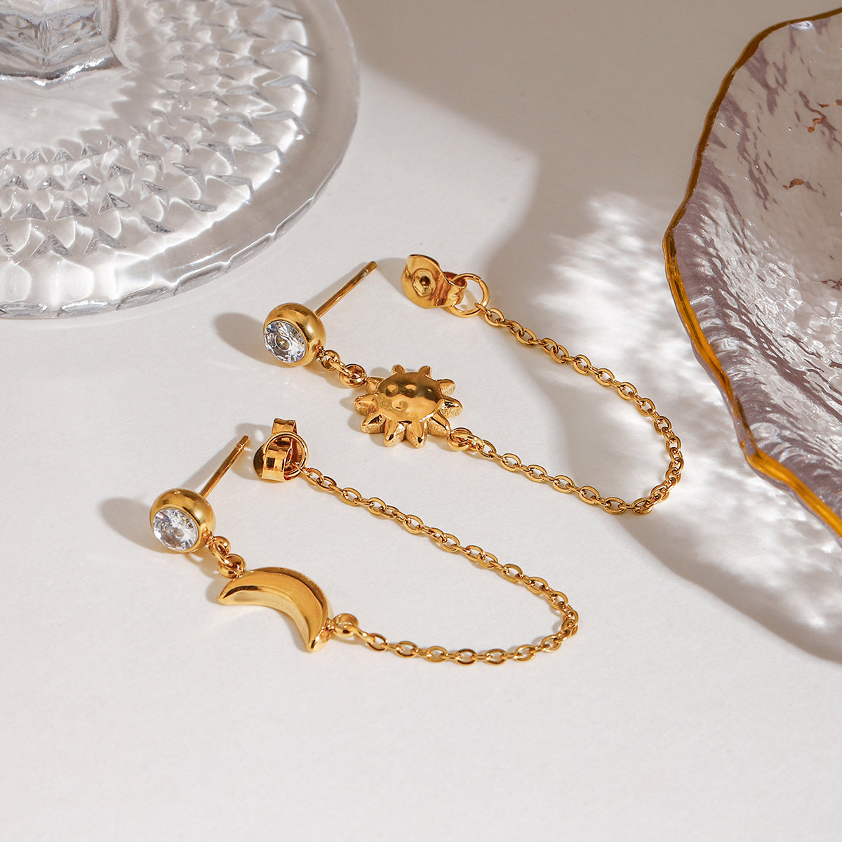 Sun & Moon Chain Premium Earrings - 18K Gold Plated