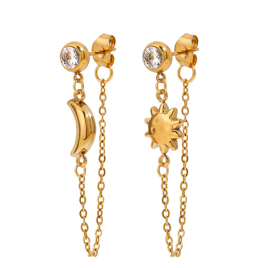 Sun & Moon Chain Premium Earrings - 18K Gold Plated