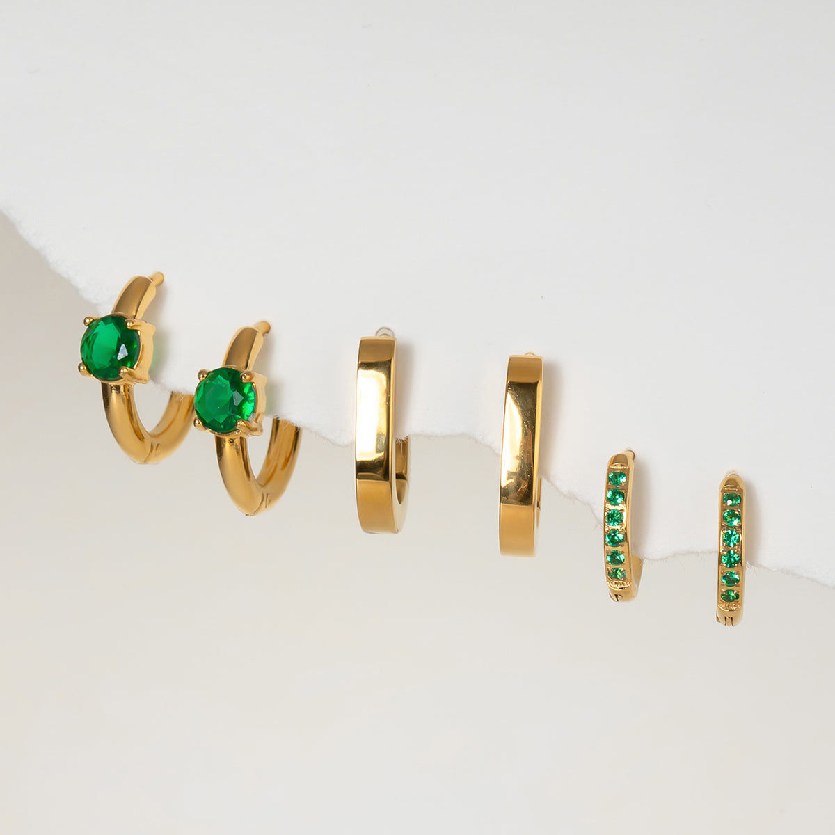 Green Classic Hoops Set Premium Earrings - 18K Gold Plated