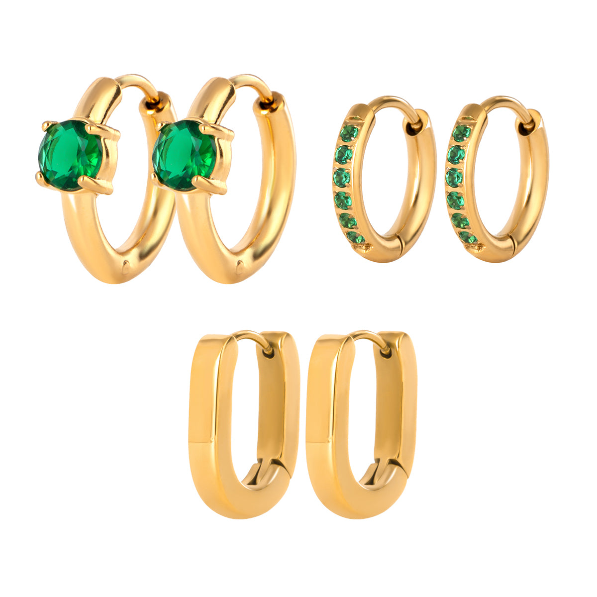 Green Classic Hoops Set Premium Earrings - 18K Gold Plated