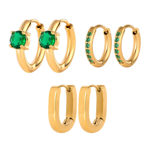 Green Classic Hoops Set Premium Earrings - 18K Gold Plated