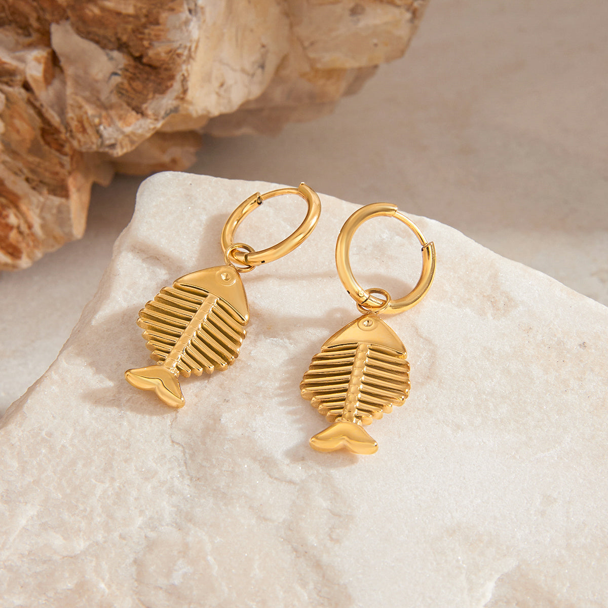 Fishbone Hoop Premium Earrings - 18K Gold Plated
