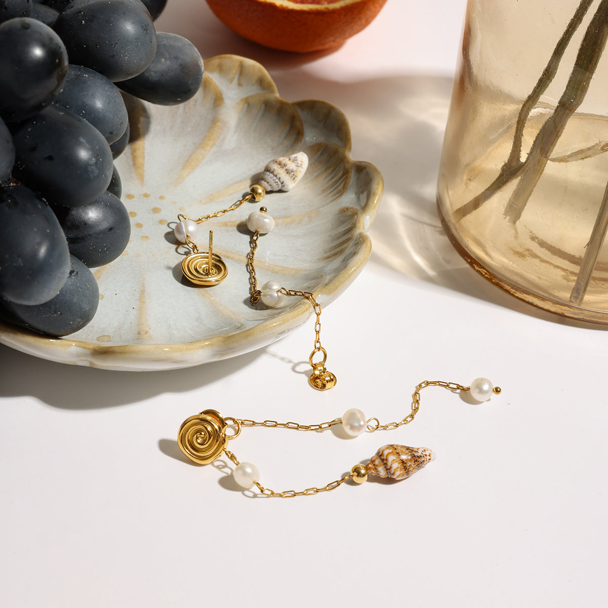 Pearl & Shell Tassle Premium Earrings - 18K Gold Plated