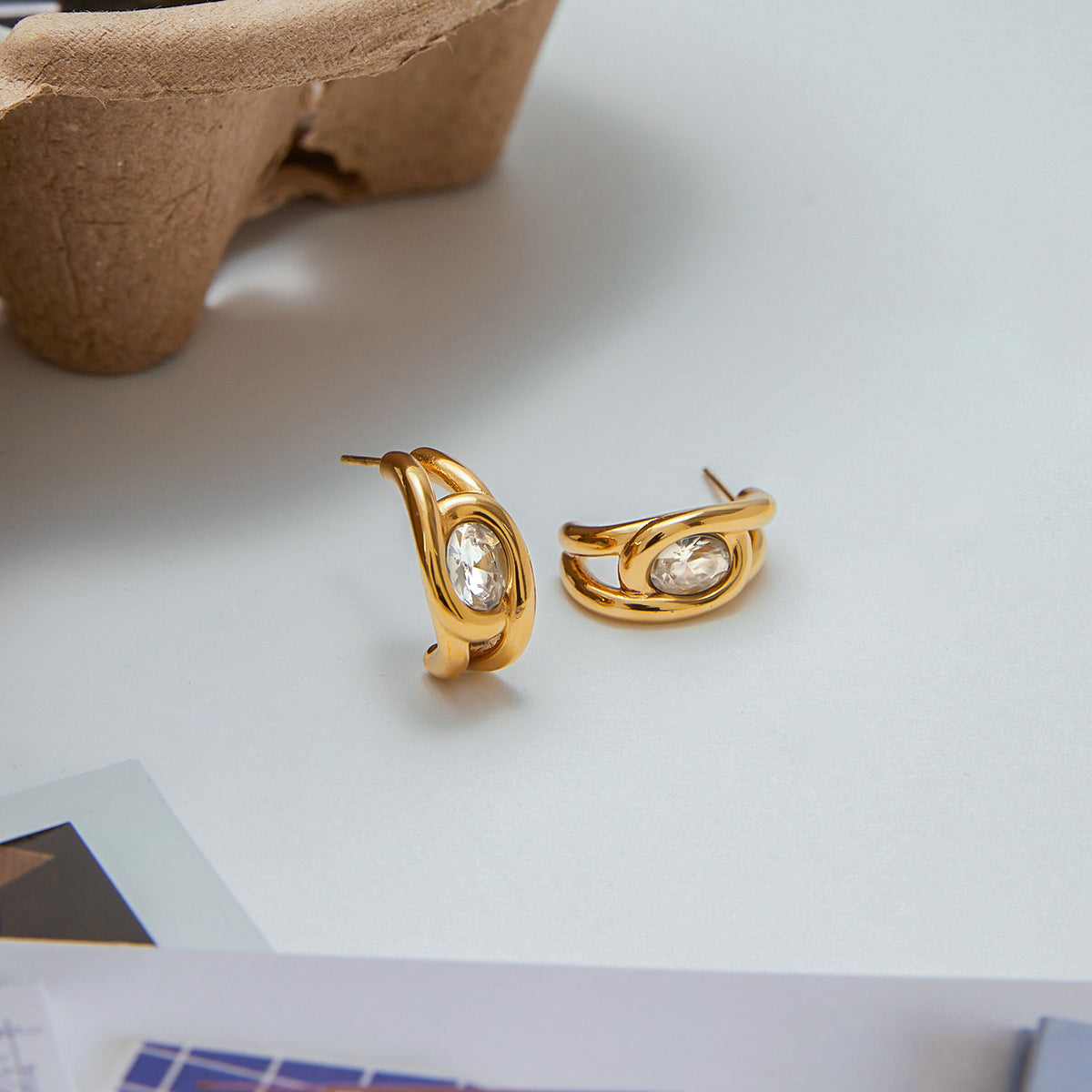 Solitare Half Hoop Premium Earrings - 18K Gold Plated