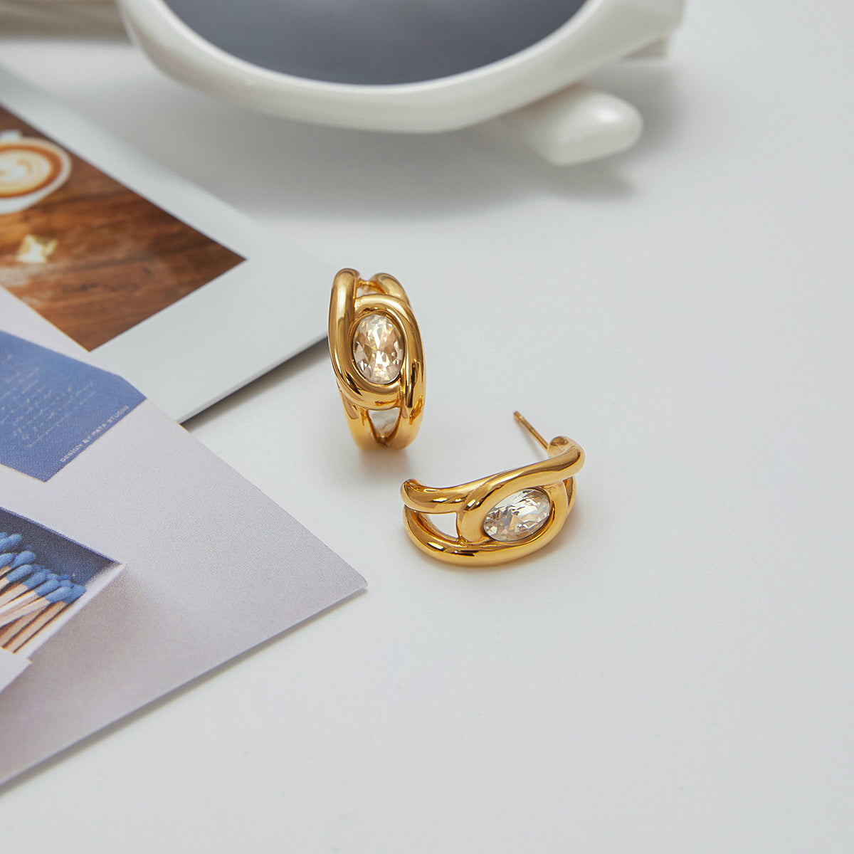 Solitare Half Hoop Premium Earrings - 18K Gold Plated
