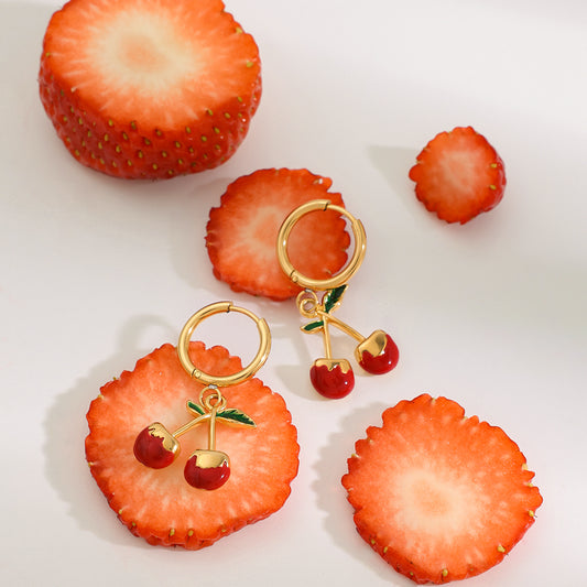 Red Cherry Hoop Premium Earrings - 18K Gold Plated
