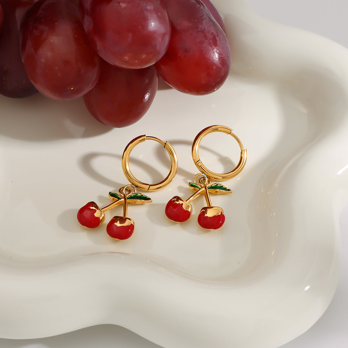 Red Cherry Hoop Premium Earrings - 18K Gold Plated
