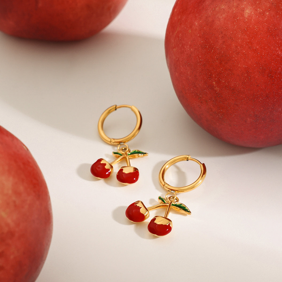 Red Cherry Hoop Premium Earrings - 18K Gold Plated