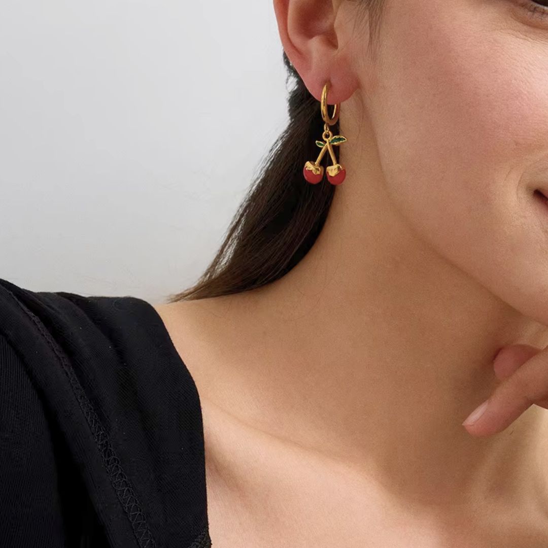Red Cherry Hoop Premium Earrings - 18K Gold Plated